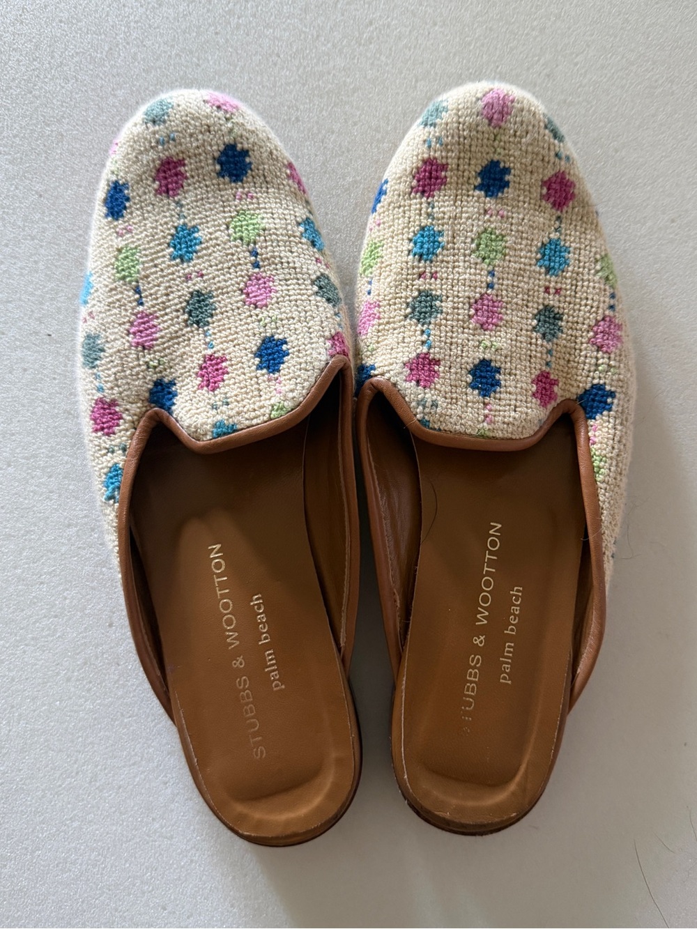 Stubbs & Wootton Cream Beaded Polka Dot Mules
